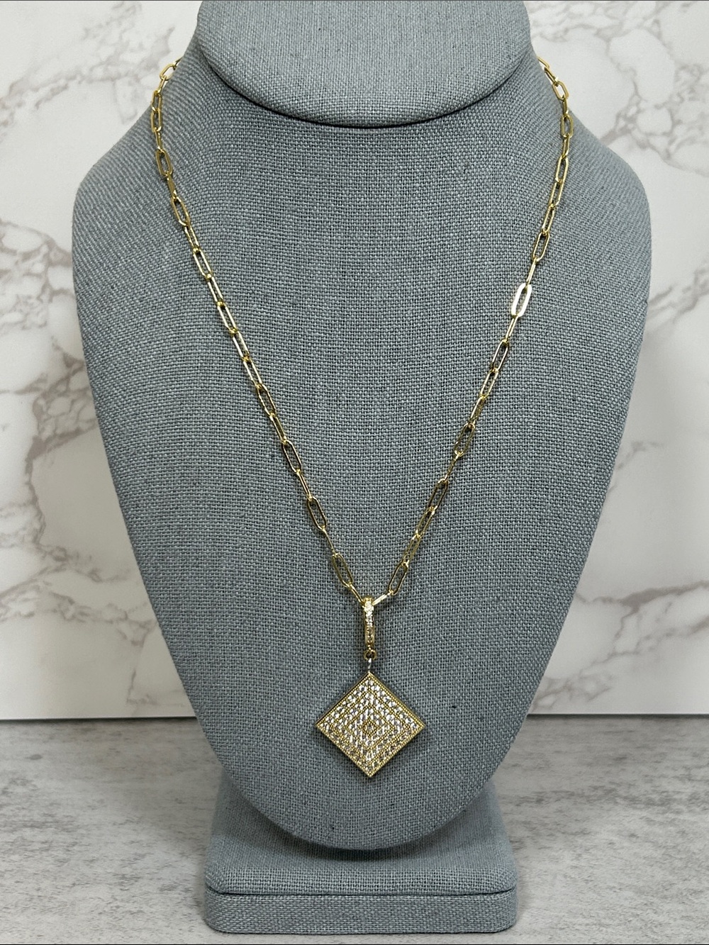 Gold Paperclip Chain Necklace with Pave Square Pendant - Women Jewelry - Picture 2 of 9